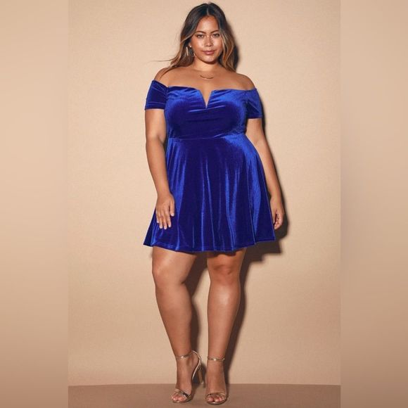 Lulus Dresses & Skirts - Lulu’s Lani Royal Blue Velvet Off-the-Shoulder Dress 1XL Semi-formal fit flare